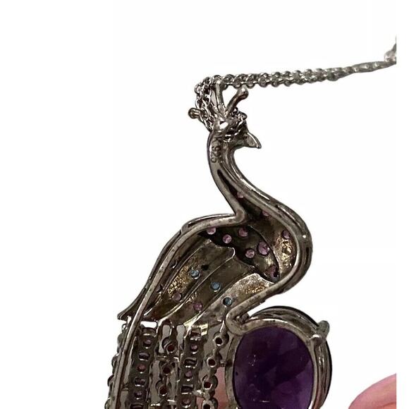 925 Sterling Crystal Peacock Pendant Necklace 2” Signed DK Bird Rhinestones - Picture 4 of 8